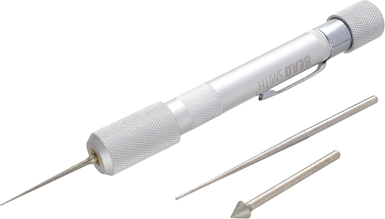 The Beadsmith Bead Reamer Set – 3 Interchangeable Diamond Coated Tips – Anodized Aluminum Hollow Handle for Storage – Tools for Opening & Enlarging Holes & Softening & Smoothing Rough Edges